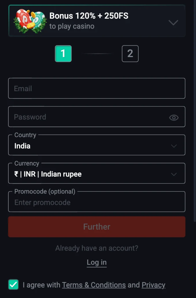 Registration form on official website Pin Up